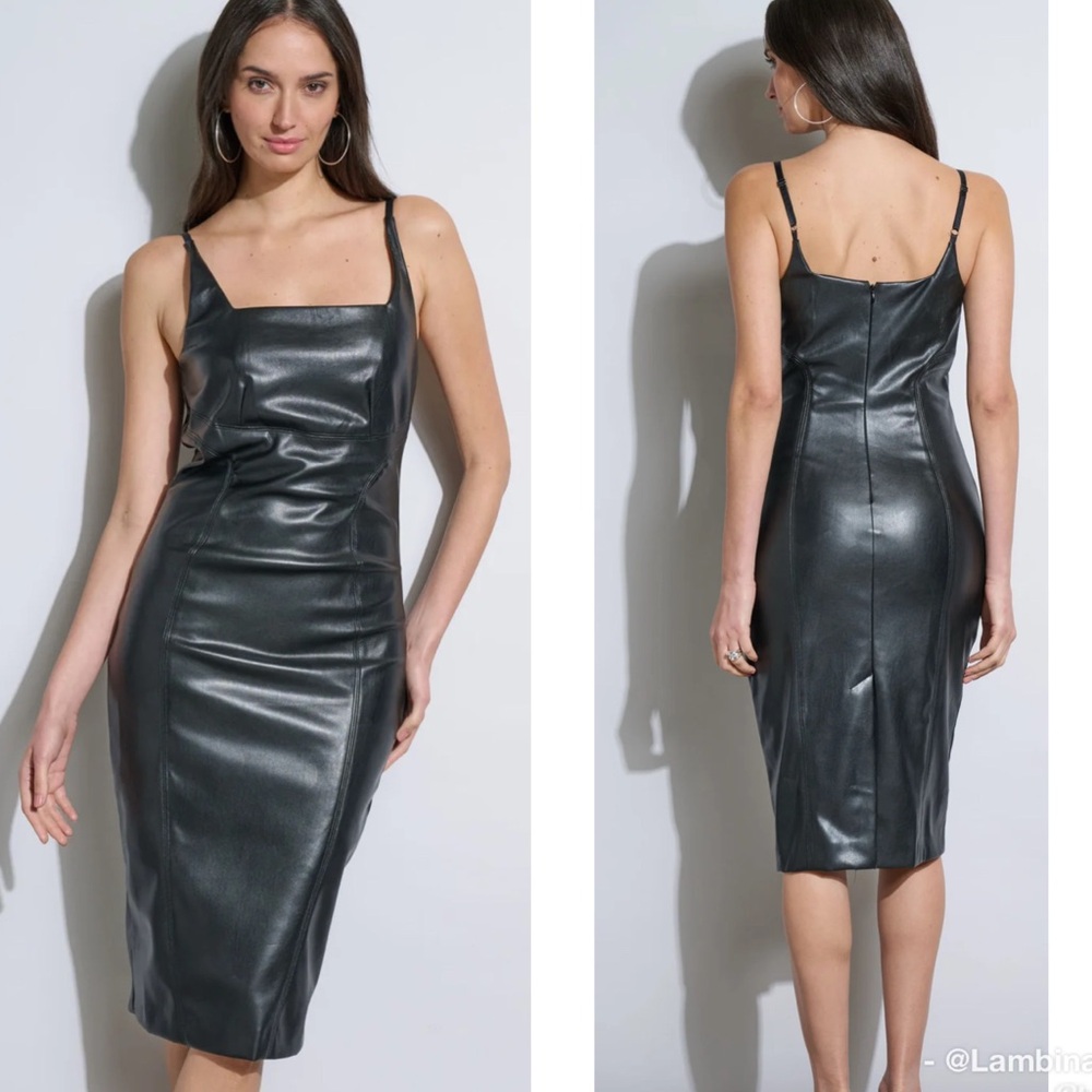 Elie Tahari Black Midi Faux Leather Dress NWT